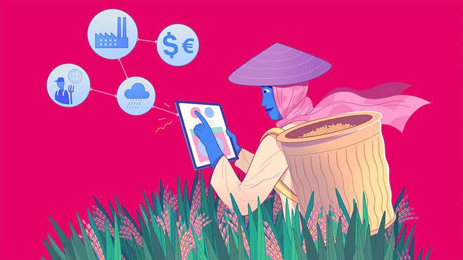 Illustration of someone in a wheat field looking up information on a tablet