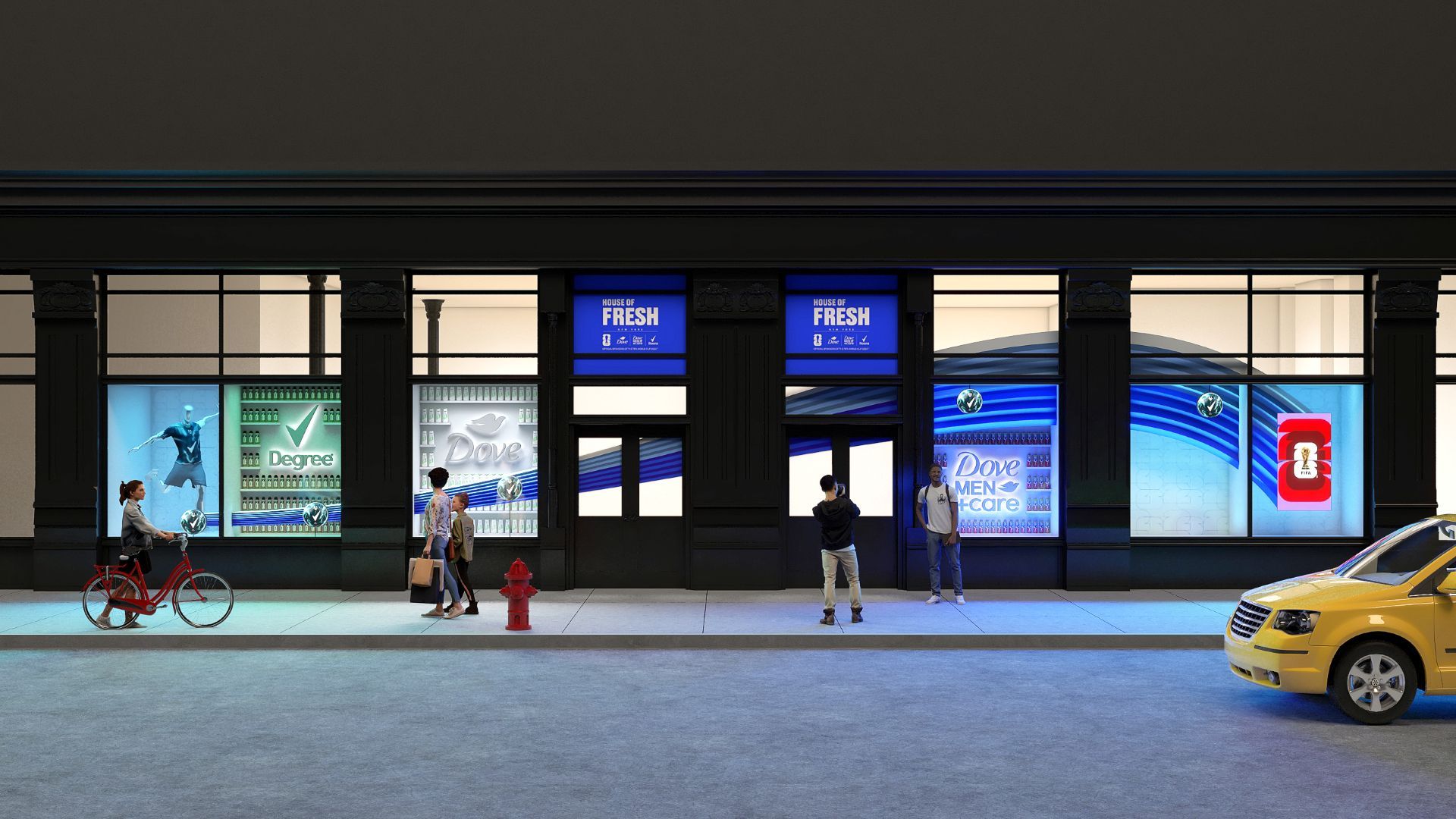 Night-time street scene with a “House of Fresh” storefront featuring lit window displays for Degree, Dove and Dove Men+Care. Shelves of products line the windows, and people pass by on foot, one person cycles, and another takes a photo while a yellow taxi drives past in the foreground.