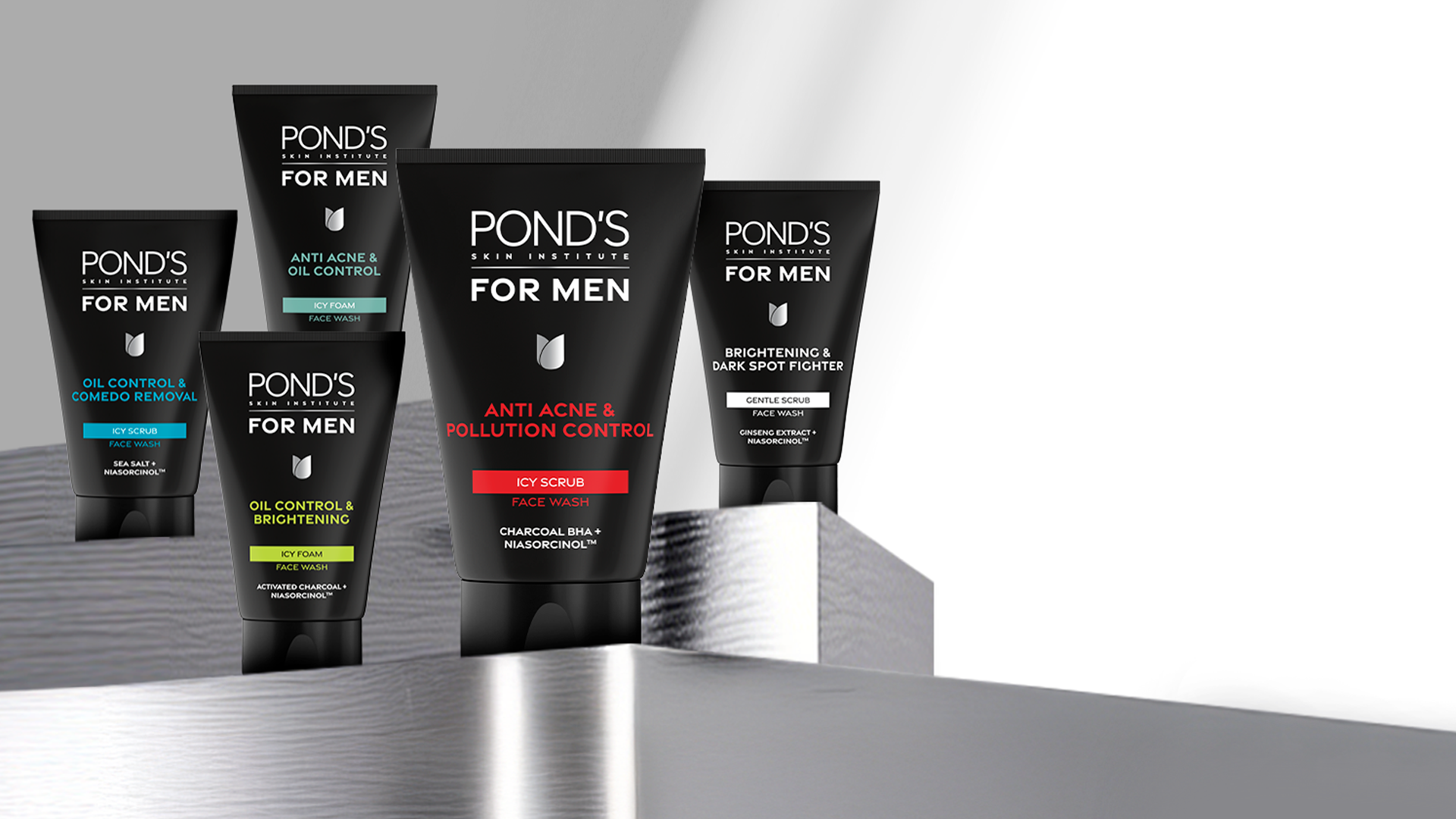 Ponds for men products on three silver shelves