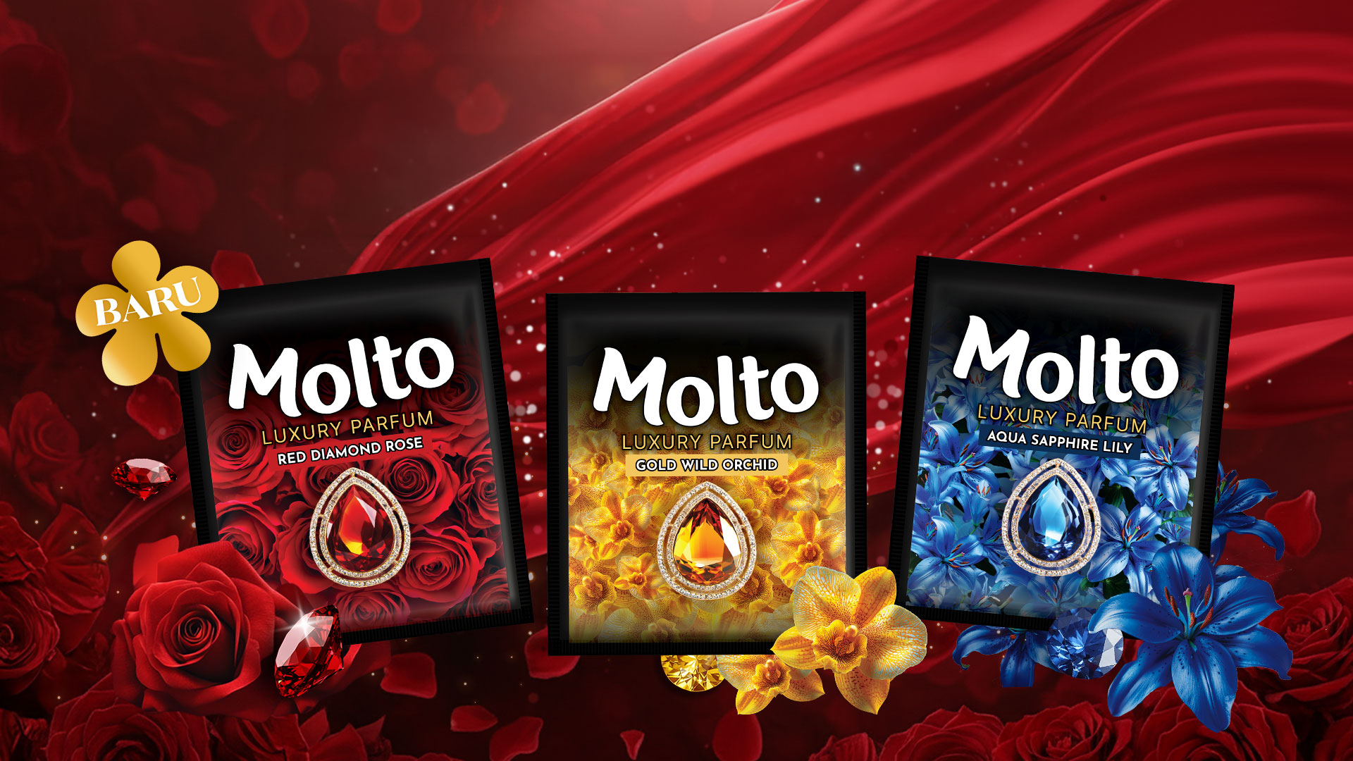 Molto products with a red rose background 