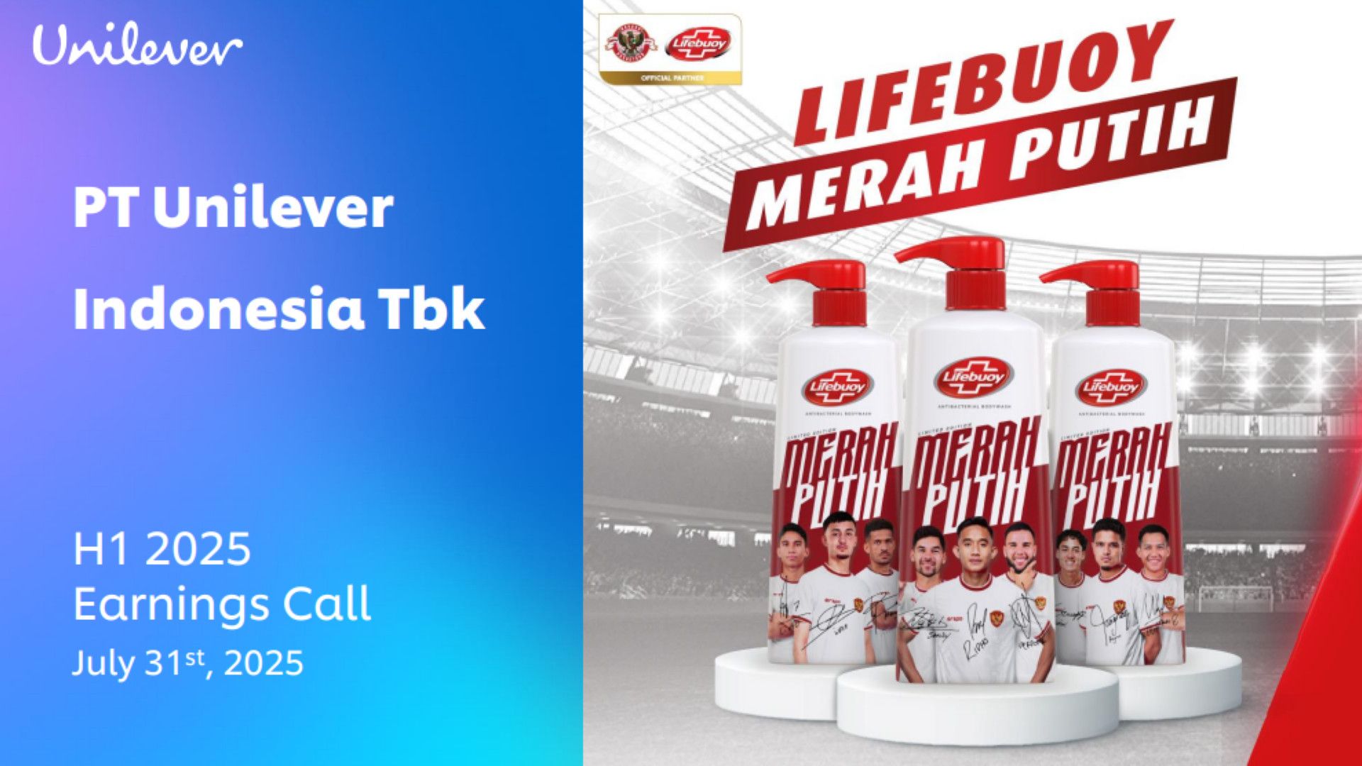 Promotional image featuring Lifebuoy Merah Putih bottles, with a sports-themed background and event details for earnings call.