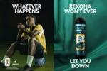 Brazil’s Vini Jr in his team kit sitting on a football beside messaging that reads: ‘Whatever happens, Rexona won’t ever let you down’.