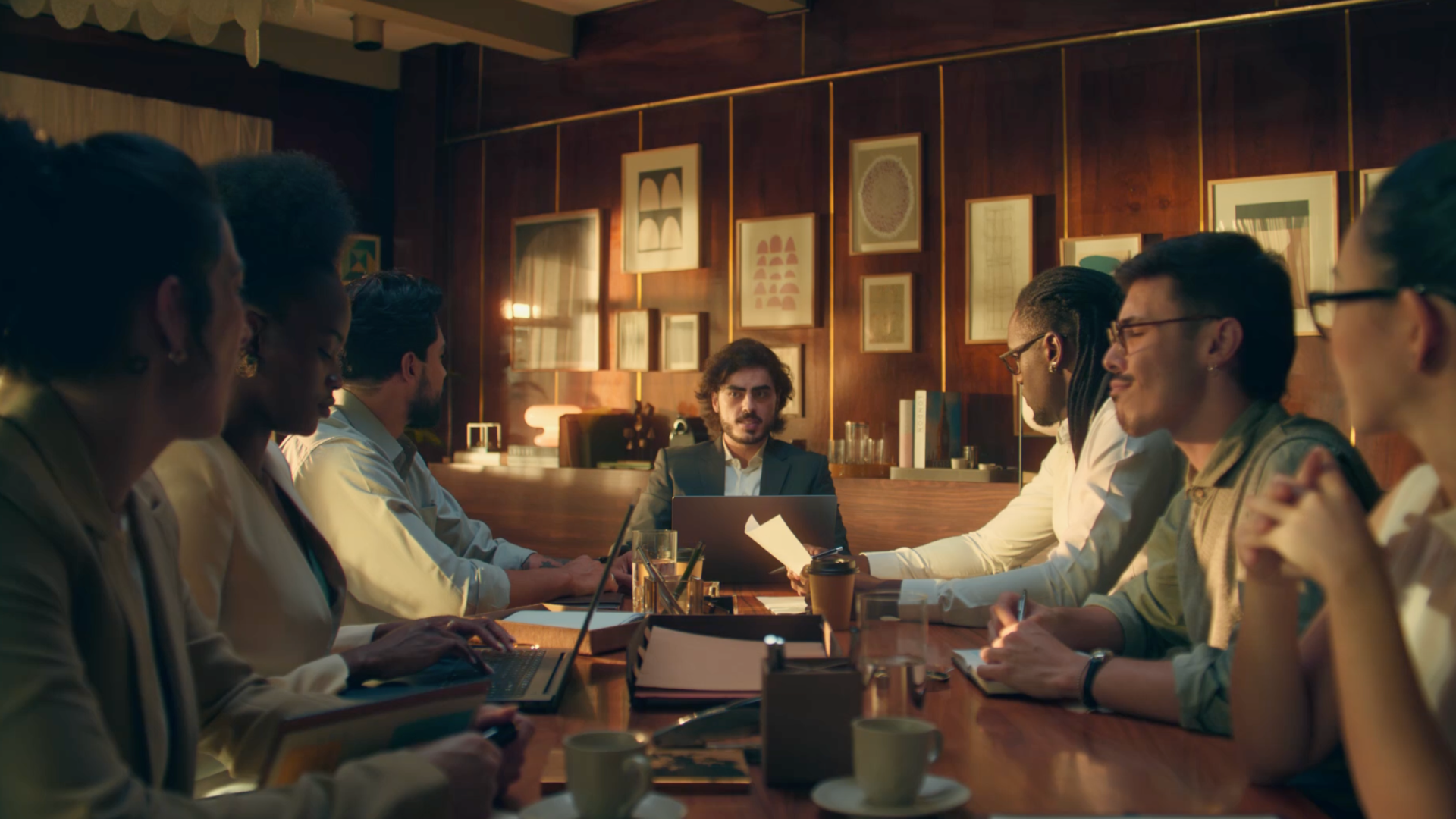 Team meeting around a wooden table with laptops and papers.