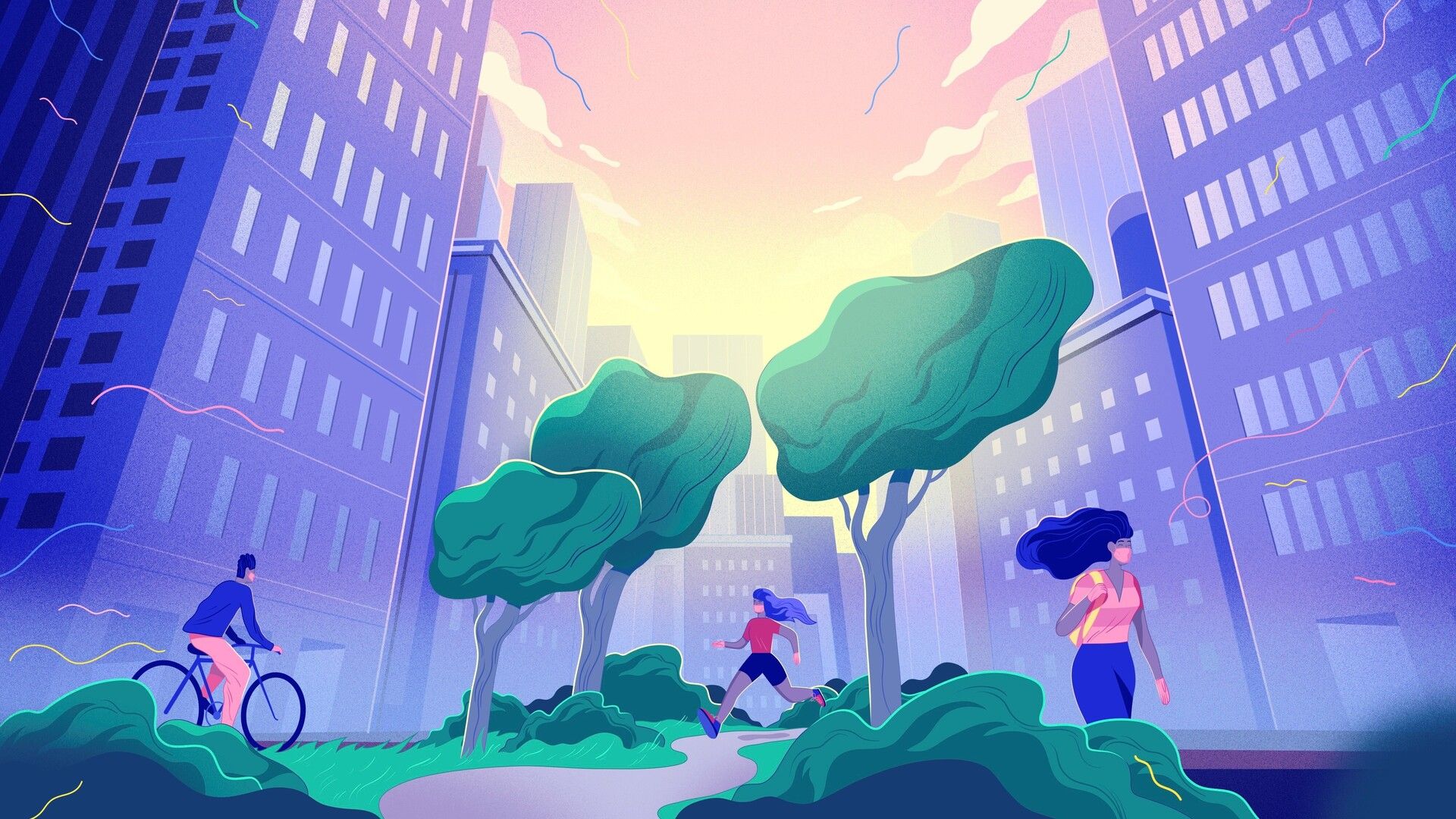 People running, cycling and walking in a park