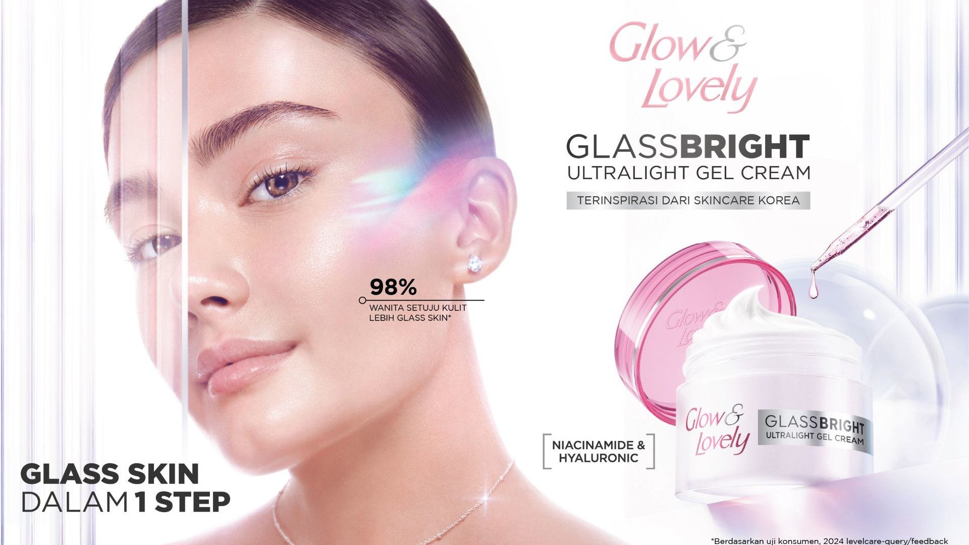 Promotional image for Glow & Lovely's GlassBright Ultralight Gel Cream, featuring the product jar and pipette.